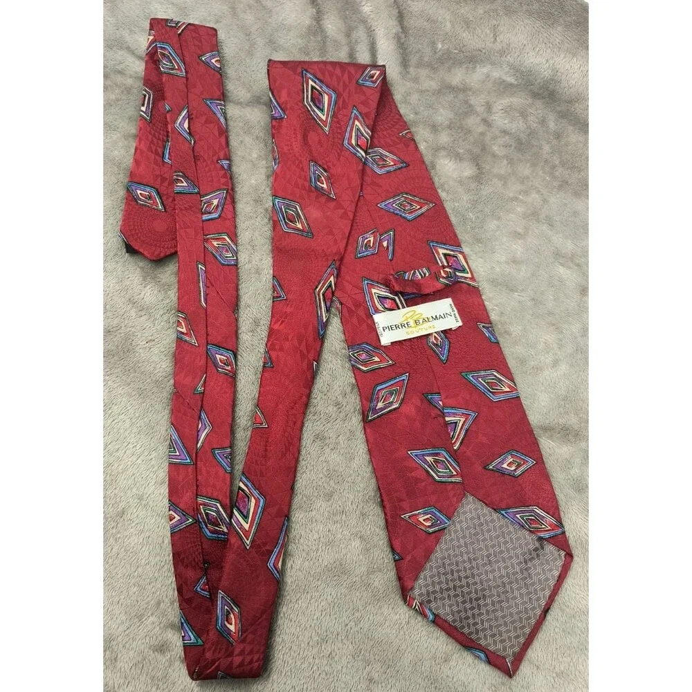 Vintage Pierre Balmain Couture Silk‎ Tie Red Abstract Geometric Necktie 56